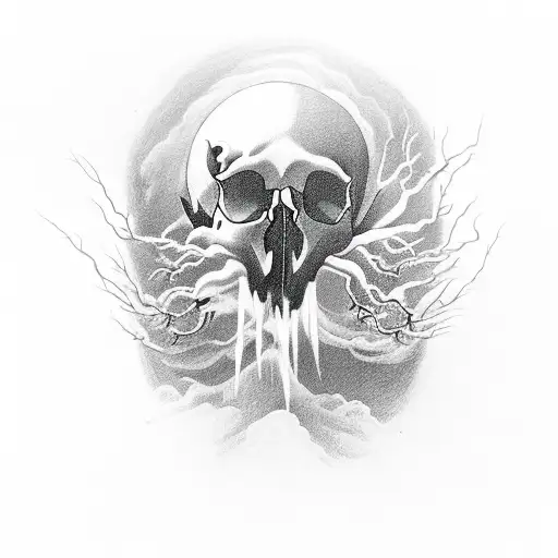 An artistic representation of a thunderstorm inside a skull, with crows flying out of its eye sockets tattoo design idea