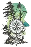 compass rose with trees and a fisherman and northern lights  tattoo design idea