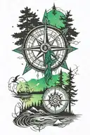 compass rose with trees and a fisherman and northern lights  tattoo design idea