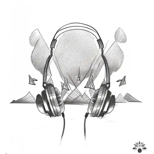 A sketch style tattoo of a bird with headphones on a tropical beach tattoo design idea