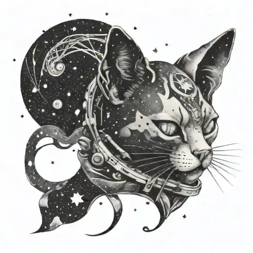 A dream-like depiction of a man with a gnaga cat mask floating in space surrounded by galaxies tattoo design idea