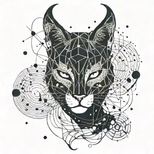 An abstract representation of the connection between a man in a gnaga cat mask and the universe tattoo design idea
