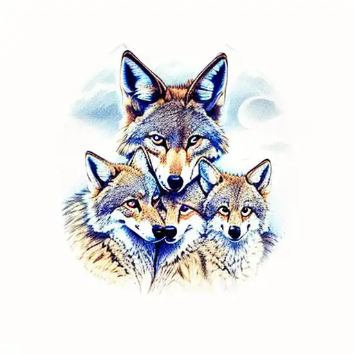 three coyotes guarding a little cub coyote with western scenery  tattoo design idea