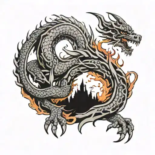 Western dragon emerging from fiery portal tattoo design idea