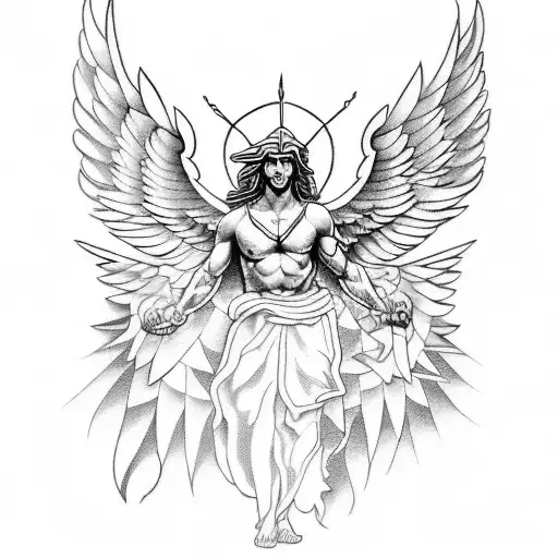 Design a tattoo depicting a powerful Greek god with wings in blackwork style tattoo design idea