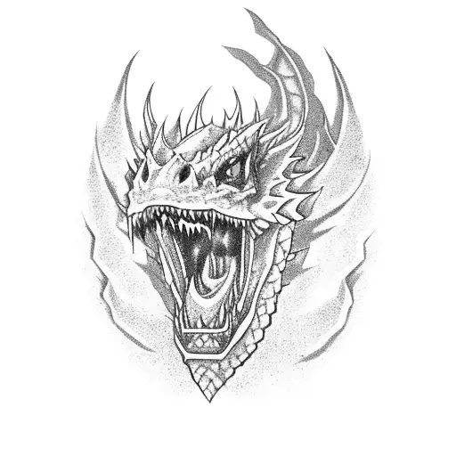 A majestic evil dragon emerging from a ruined castle, its fangs dripping with fire tattoo design idea