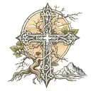 cross with roots growing out of it with mountains in the background  tattoo design idea