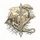 cross with roots growing out of it with mountains in the background  tattoo design idea