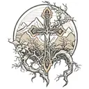 cross with roots growing out of it with mountains in the background  tattoo design idea