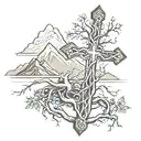 cross with roots growing out of it with mountains in the background  tattoo design idea