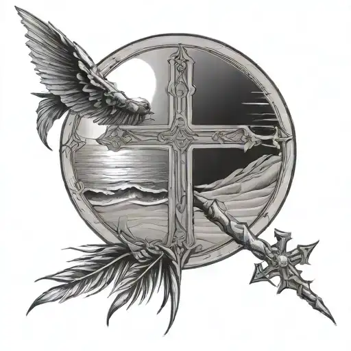 CERCLE AVEC UNE PLAGE DE SABLE AVEC UNE CROIX CHRETIENNE. AU DESSUS DE CE CERCLE IL YA DES AILES D'ANGE tattoo design idea