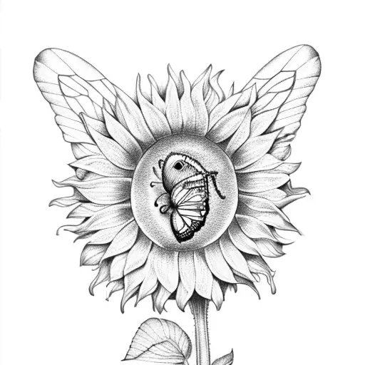 A yellow butterfly emerging from a sunflower bud in dotwork style tattoo design idea