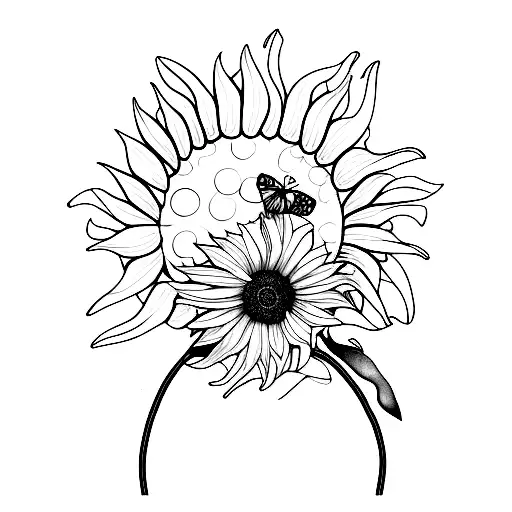 A yellow butterfly emerging from a sunflower bud in dotwork style tattoo design idea