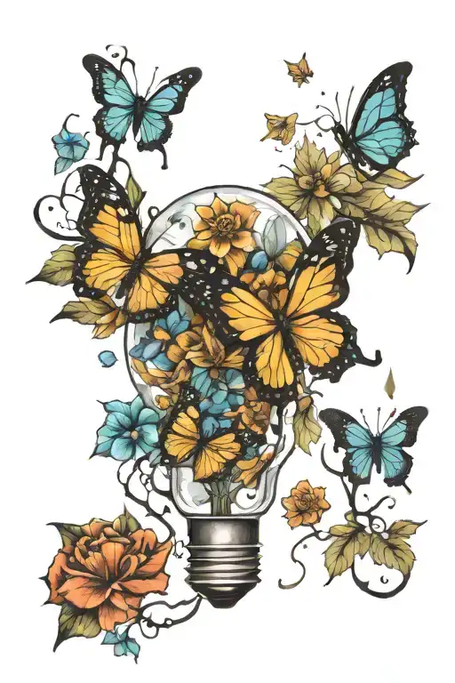 Shattered Light Bulb containing growing flowers, maple leafs as glass chunks, and a 3-Dimensional butterfly  tattoo design idea