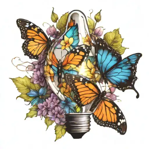 Shattered light bulb, butterfly emerging, flowers inside the light bulb and falling small maple leafs, buttefly cacoon  tattoo design idea
