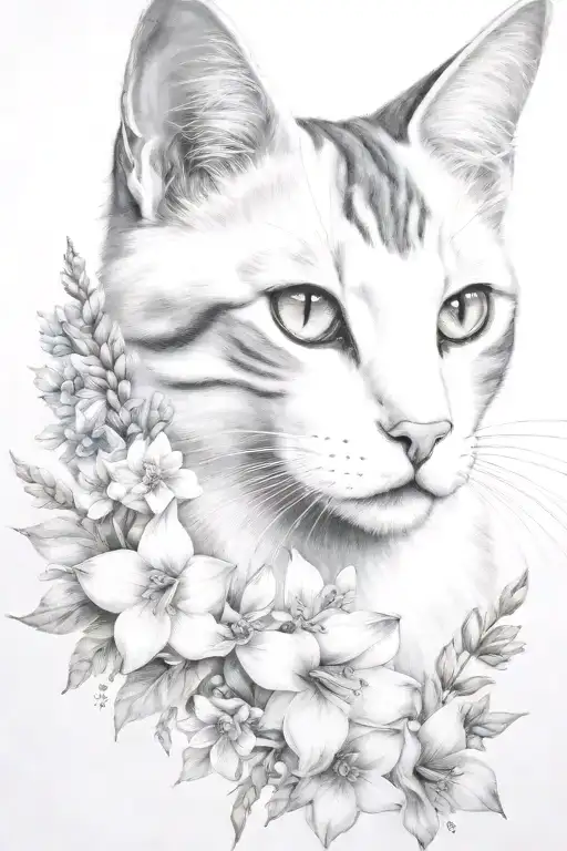 white and grey cat portrait, feminine, delicate, realistic portrait, clear head and face, delphiniums, dark tattoo design idea
