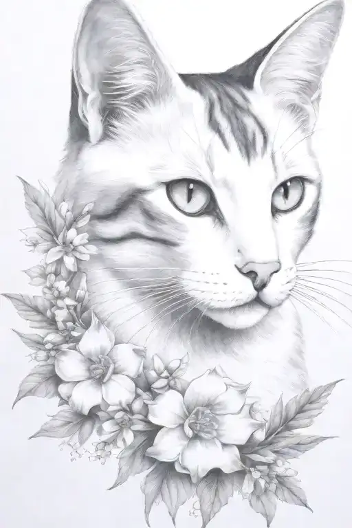 white and grey cat, embellishments, feminine, delicate, realistic portrait, clear head and face, delphiniums, shaded tattoo design idea