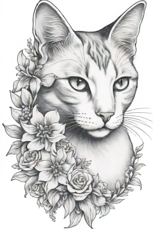 white and grey cat, flower embellishments, witchy, delicate, realistic portrait, clear head and face, delphiniums tattoo design idea