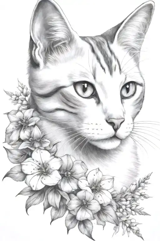 white and grey cat, flower embellishments, witchy, delicate, realistic portrait, clear head and face, delphiniums tattoo design idea