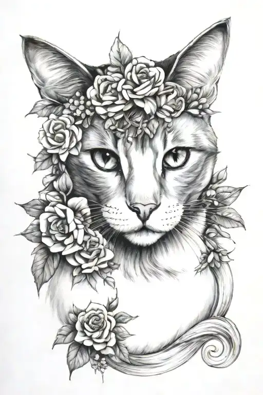 white and grey cat, flower embellishments, witchy, delicate, realistic portrait tattoo design idea