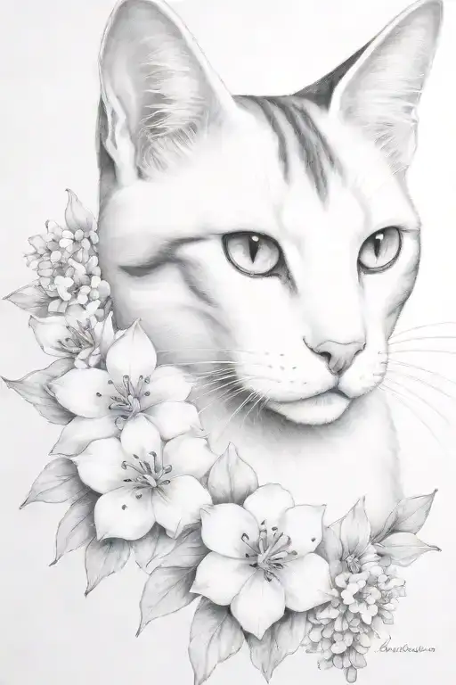 white and grey cat portrait, feminine, delicate, realistic portrait, clear head and face, delphiniums, dark tattoo design idea