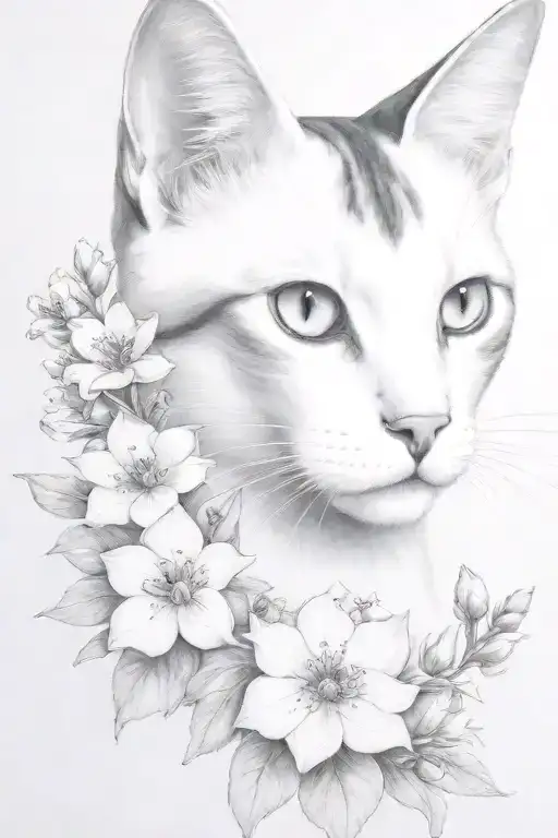 white and grey cat portrait, feminine, delicate, realistic portrait, clear head and face, delphiniums, dark tattoo design idea
