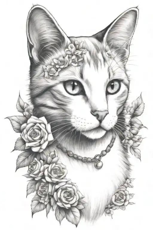 white and grey cat, flower embellishments, witchy, delicate, realistic portrait, clear head and face  tattoo design idea