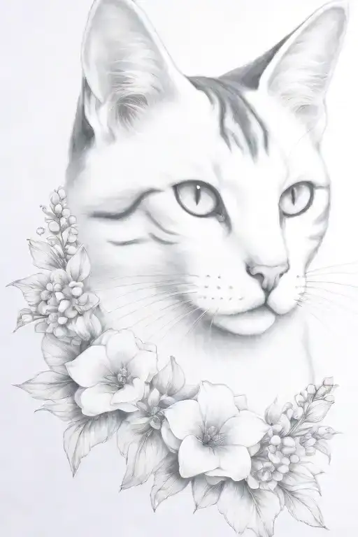 white and dark grey cat, flower embellishments, witchy, delicate, realistic portrait, clear head and face, delphiniums tattoo design idea