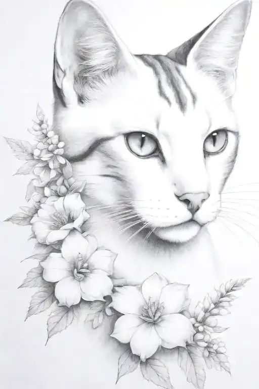 white and grey cat portrait, feminine, delicate, realistic portrait, clear head and face, delphiniums, dark tattoo design idea