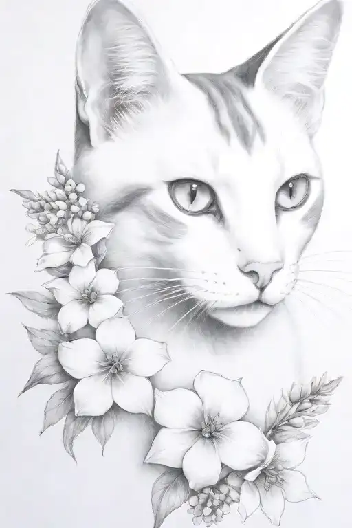 white and grey cat portrait, feminine, delicate, realistic portrait, clear head and face, delphiniums, dark tattoo design idea