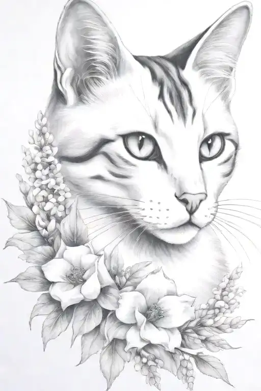 white and dark grey cat, flower embellishments, witchy, delicate, realistic portrait, clear head and face, delphiniums tattoo design idea