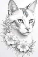 white and grey Siamese cat portrait, feminine, delicate, realistic portrait, clear head and face, delphiniums, shaded  tattoo design idea