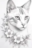 white and grey Siamese cat portrait, feminine, delicate, realistic portrait, clear head and face, delphiniums, shaded  tattoo design idea