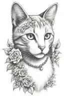 white and grey cat, flower embellishments, witchy, delicate, realistic portrait, clear head and face  tattoo design idea