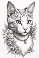 white and grey cat, flower embellishments, witchy, delicate, realistic portrait, clear head and face  tattoo design idea