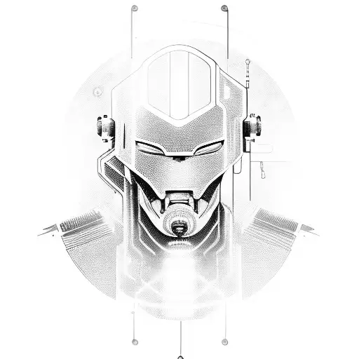 A futuristic cyborg warrior with a computer circuitry design, holding a sword made of code tattoo design idea