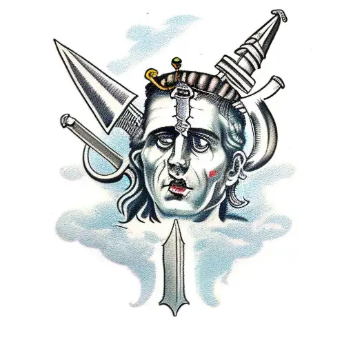 Caesar with sword through head and crying tattoo design idea