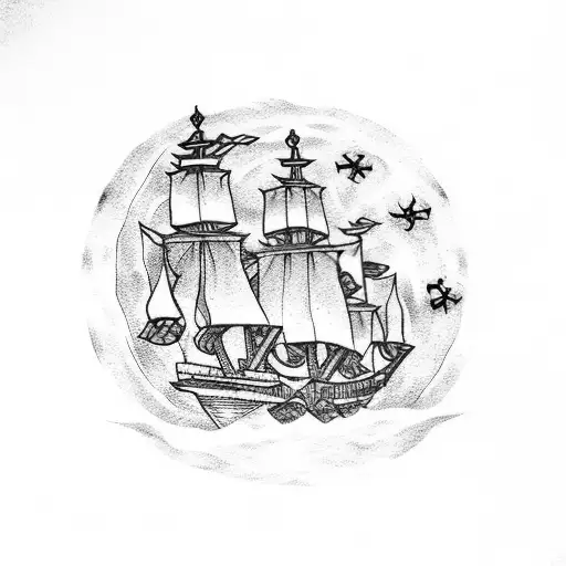 pirate ship under moon tattoo design idea