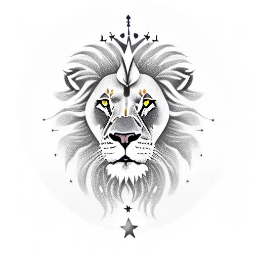 A realistic portrait of a lion, wearing a crown and surrounded by stars, symbolizing the client's passion for success and their position as a top G in their field. tattoo design idea