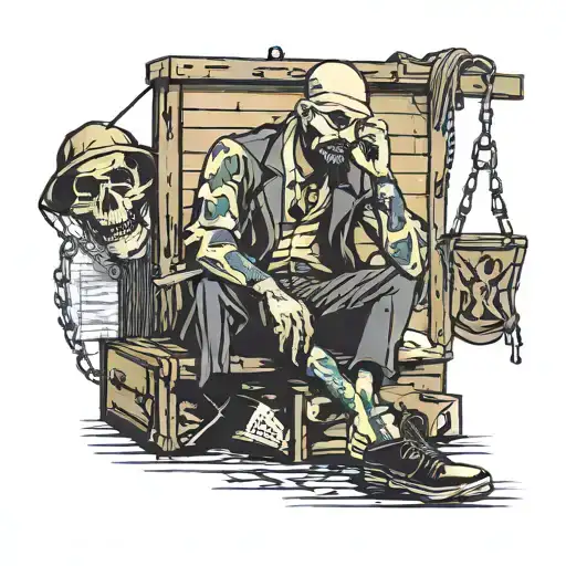 gangster on the gallows with a bag of money tied to his feet tattoo design idea