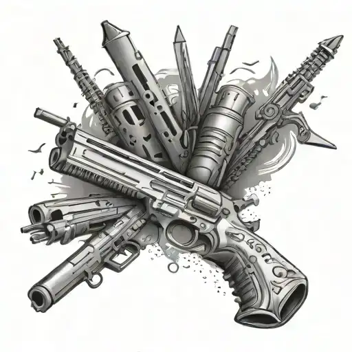 A black and grey sleeve tattoo showcasing a collection of powerful weapons in a realistic style tattoo design idea