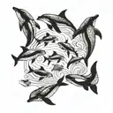 A combination of blackwork and dotwork showcasing a group of sea creatures (dolphins, turtles, etc.) swimming in harmony tattoo design idea