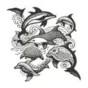 A combination of blackwork and dotwork showcasing a group of sea creatures (dolphins, turtles, etc.) swimming in harmony tattoo design idea