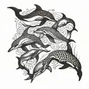 A combination of blackwork and dotwork showcasing a group of sea creatures (dolphins, turtles, etc.) swimming in harmony tattoo design idea
