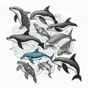 A combination of blackwork and dotwork showcasing a group of sea creatures (dolphins, turtles, etc.) swimming in harmony tattoo design idea