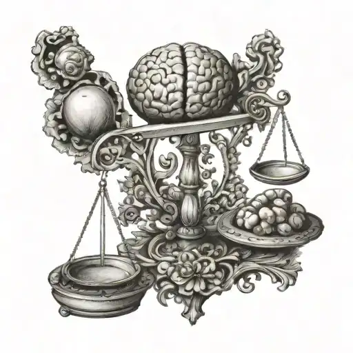 A balance scale with a heart on one side and a brain on the other, symbolizing the connection between emotion to realism tattoo design idea
