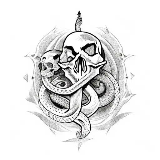 skull with dagger through it from top to bottom. snakes around it. ocean theme tattoo design idea