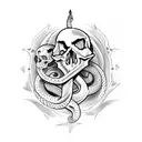 skull with dagger through it from top to bottom. snakes around it. ocean theme tattoo design idea