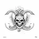 skull with dagger through it from top to bottom. snakes around it. ocean theme tattoo design idea