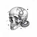 skull with dagger through it from top to bottom. snakes around it. ocean theme tattoo design idea